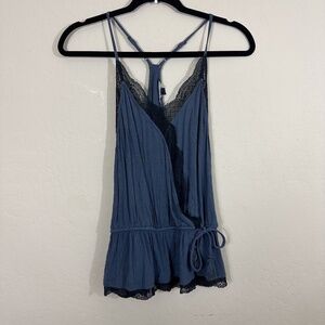 American Eagle Outfitters Lace Navy Tank Top With a Bow and Cross Back Detailing